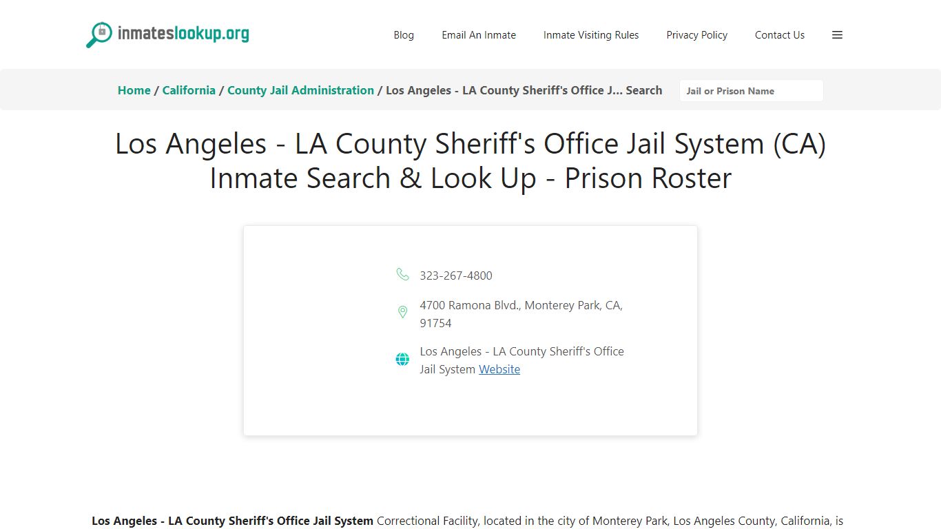 Los Angeles - LA County Sheriff's Office Jail System (CA) Inmate Search ...